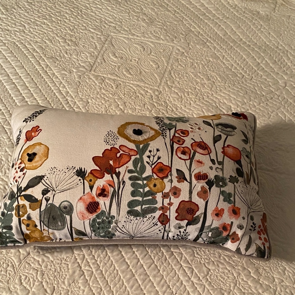 Floral Garden Lumbar Pillow in Cream with Orange & Green Accents